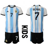 Otroški Nogometni dresi Argentina Rodrigo de Paul #7 Domači SP 2022 Kratek Rokav (+ Kratke hlače)